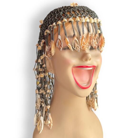 1970s Cleopatra Cowrie Fringe Seashell Egyptian Silver Flapper Headdress Vintage